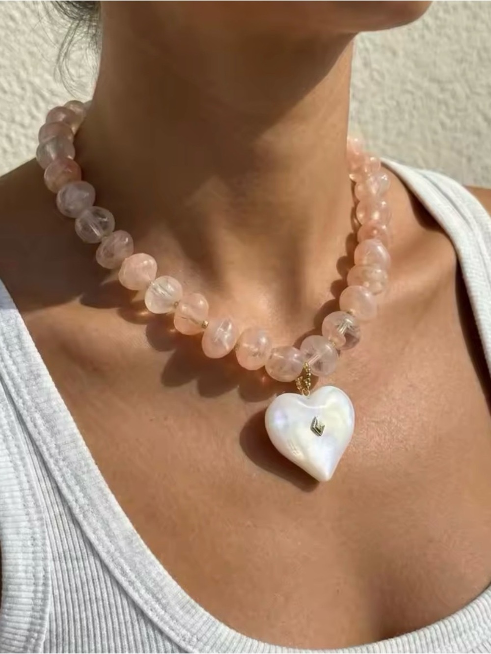 Rose Quartz Beaded Necklace with White Heart Pendant. Choker necklace. - Picture 2 of 5